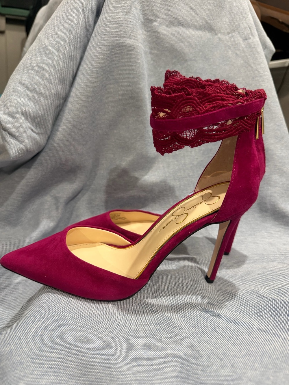 Jessica Simpson Magenta Lace-Ankle Pointed Toe Pump
